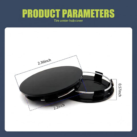 4 Pack Snap On Car Wheel Hub Center Caps featuring black ABS build, dimensions shown, designed for quick installation.