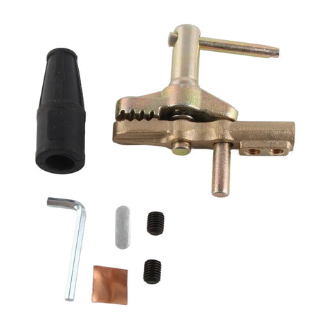 Heavy Duty Welding Ground Clamp With 800 Amp Brass Iron Build, robust connection tool components and accessories arranged.