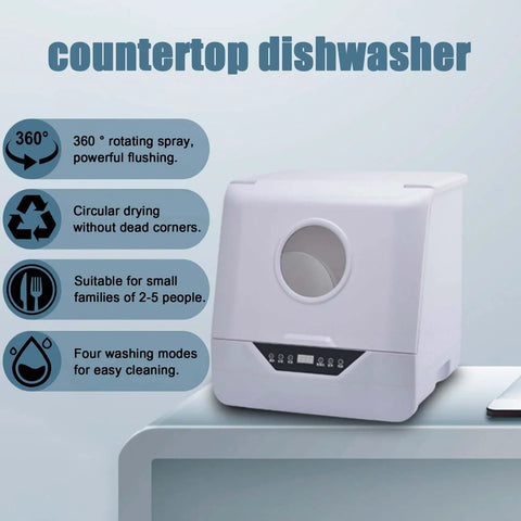 Portable Countertop Dishwasher For Busy Households Featuring Four Cycle Settings And Turbo Hot Air Dryer Holds Up To Twenty Pieces With Zero Hassle Quick Cleanup on a sleek countertop.