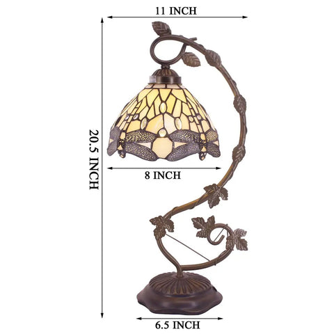 Amber Tiffany Style Dragonfly Table Lamp With Stained Glass Shade And Metal Leaf Base, height 20.5 inches, diameter 6.5 inches