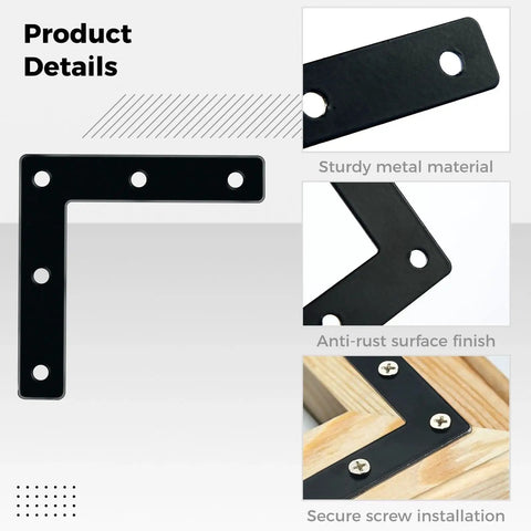 L Shaped Corner Braces Kit With 30 Brackets And 150 Screws For DIY Furniture Repair And Frame Assembly Right Angle Mending Plates For Wood Frames Beds Tables Cabinets And Chairs Black Finish shown with material details