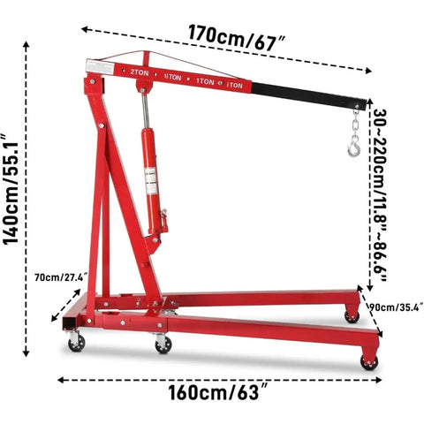 Folding Hydraulic Engine Hoist 2 Ton 4000 Lbs Heavy Duty Rock Solid Auto Garage Crane dimensions with red steel frame.