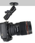 Built Like A Tank Heavy Duty Camera Wall Desk Mount With Dual Ball Heads And Full Rotation Aluminum Alloy Rig For Dslr Cctv and Ram B System With One Quarter Twenty Thread Slick Angle Adjustments angle view of mounted camera.