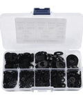 Open plastic organizer with black nylon washers, 500-Piece Nylon Flat Washers Assortment Kit Black Metric M2 Through M10 For Electrical Automotive Marine Projects Value Pack Heavy Duty Nylon Construction Insulation And Corrosion Resistant Seals.