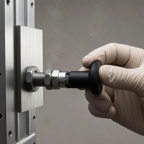 Slick Self Locking Indexing Pin For Serious Engineering Projects Featuring A Rock Solid Fastening Shaft And Precision Plunger Mechanism With Hex Lock Nuts For No Sweat Adjustments On Any Shop Rig being adjusted with a hand in a glove.
