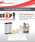Filters Only Maintenance Kit For RS 11-22kw Air Compressor With Pre Filter Pad Air Filter Element Oil Filter Element And Air Oil Separator Element OEM Replacement Parts For Peak Performance shown with "Genuine OEM Replacement Parts" label and caution message against imitation parts.