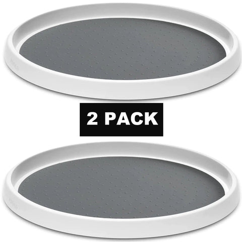 Set Of Two 12 Inch Non Skid Lazy Susan Organizer Smooth Spinning Turntable For Pantry Cabinet Kitchen Storage. White bases with gray tops.