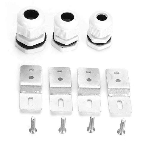 Components for Outdoor Ready 3 Button Emergency Stop Push Button Switch Station with connectors, brackets, and screws. IP66 aluminum.