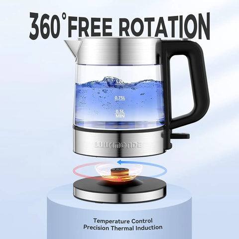 Electric Glass Kettle 1L, Fast 1500W Boil, Cordless Tea Kettle With LED Indicator showing water boiling with 360° base.