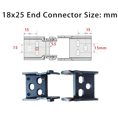 Diagram and photo of 18x25mm end connectors from Open Type Drag Chain Cable Carrier For CNC Router Mill And 3D Printer 39.4 Inch Long R28 Bend Radius Nylon PA66 Material Includes Extra End Connectors 9 Screws And A Handy Screwdriver For Quick Mounting