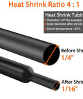 Heat shrink tubing diagram showing 4:1 ratio before and after shrink, part of Powerful 350W Mini Heat Gun Kit With 4 To 1 Ratio Shrink Tubing Adhesive Lined Marine Grade Tubes 195 Pieces Reflector Nozzle Self Adhesive And Fastening Cable Ties For Wrapping Wires And Cables.