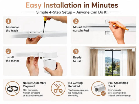 Ultra Quiet 98.4 Inch Motorized Curtain Track With App Control And Remote, Smart Home Curtain System For Living Room And Bedroom, Couch Friendly Auto Open Close With Timed Scheduling, Fixed Length Design assembled on wall with remote setup