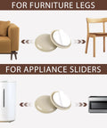 24 Pack Self Stick Appliance Sliders For Kitchen Gear No Sweat One And A Quarter Inch Furniture Sliders With Mega Adhesive For Carpeted Floors Easy Glide And Space Saving Move Furniture Smoothly And Keep Floors Flawless, showing sliders beneath furniture and appliances.