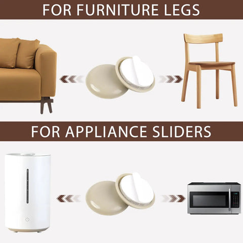 24 Pack Self Stick Appliance Sliders For Kitchen Gear No Sweat One And A Quarter Inch Furniture Sliders With Mega Adhesive For Carpeted Floors Easy Glide And Space Saving Move Furniture Smoothly And Keep Floors Flawless, showing sliders beneath furniture and appliances.