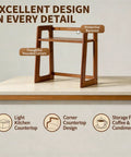 Natural Bamboo Coffee Station Organizer with protective backrest and rounded corners on light kitchen countertop