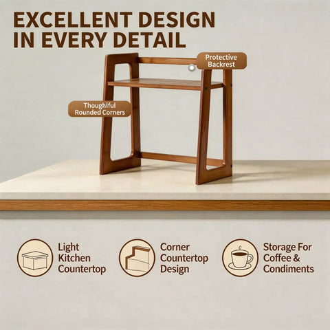 Natural Bamboo Coffee Station Organizer with protective backrest and rounded corners on light kitchen countertop