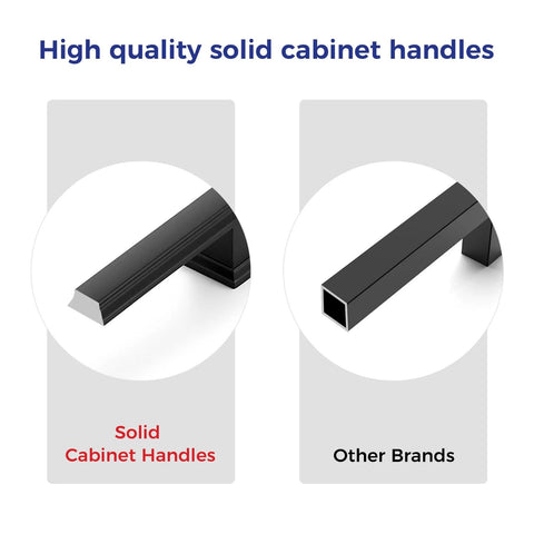 Comparison of solid black cabinet handles versus other brands, featuring Matte Black Cabinet Pulls 5 Inch 128mm Hole Centers