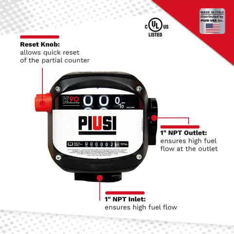 Front view of 3 Digit Mechanical Fuel Flow Meter With 90 Degree Inlet Outlet, 1 Inch NPT, 7 Digit Totalizer And 3 Digit Readout