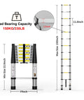 Telescoping Ladder 12.5 Foot Aluminum Extension Ladder dimensions, load capacity, and locking mechanism details shown