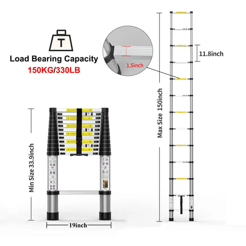 Telescoping Ladder 12.5 Foot Aluminum Extension Ladder dimensions, load capacity, and locking mechanism details shown