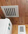 Stylish Gable Vent Louvered Access Panel For Wall Or Ceiling Inspection Hatch With Tight Mesh Filter For No Sweat Drywall Patch And Chill Fresh Airflow Throughout Indoor Spaces installed on wooden ceiling.