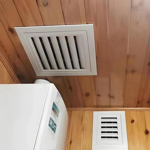 Stylish Gable Vent Louvered Access Panel For Wall Or Ceiling Inspection Hatch With Tight Mesh Filter For No Sweat Drywall Patch And Chill Fresh Airflow Throughout Indoor Spaces installed on wooden ceiling.
