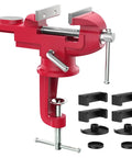 Beefy Universal Table Vise 3 Inch Jaw Opening With 360 Degree Swivel Base Bench Clamp For Woodworking And Metalworking, Thickened 0.2 Inch Jaw For Grip That Won't Budge, Fits Most Workbenches, red cast steel vise with clamp accessories