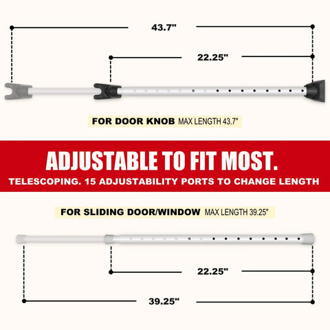 Door Security Bar With Alarm For Enhanced Home Safety adjustable from 22.25 to 43.7 inches, suitable for doors and windows.