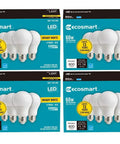 Four boxes of Bright White 3000K LED Light Bulb 60 Watt Equivalent A19 Dimmable Energy Star Certified For Home Lighting That Saves You Money And Lasts 15,000 Hours 16 Pack Budget Friendly