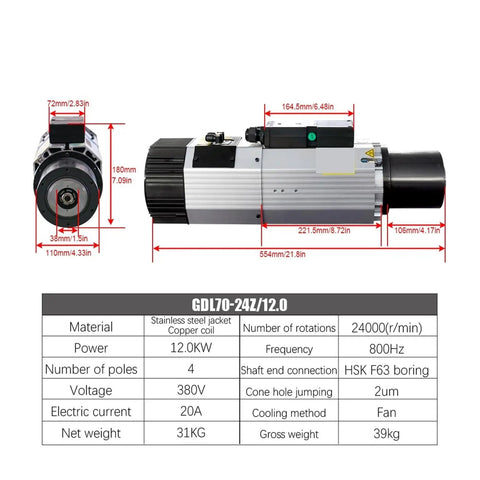 Hardcore 12KW ATC Spindle Motor 24000RPM 380V ISO30 HSKF63 Air Cooled Automatic Tool Change Spindle CNC Router detailed dimensions.