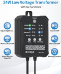 Close-up of black 24W low voltage transformer with six functions, part of Low Voltage Landscape Lighting Kit With Transformer Photocell Sensor And Timer 8 Pack 3W Spotlights 68Ft Wire ETL Approved Dimmable Waterproof 2700K Outdoor Garden Yard Lighting For Trees Plants And House Exterior