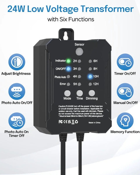 Close-up of black 24W low voltage transformer with six functions, part of Low Voltage Landscape Lighting Kit With Transformer Photocell Sensor And Timer 8 Pack 3W Spotlights 68Ft Wire ETL Approved Dimmable Waterproof 2700K Outdoor Garden Yard Lighting For Trees Plants And House Exterior