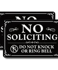 Two Pack No Soliciting Signs 9x6 Inches Aluminum Weatherproof Self Adhesive Do Not Knock Or Ring Bell Signs with decorative border