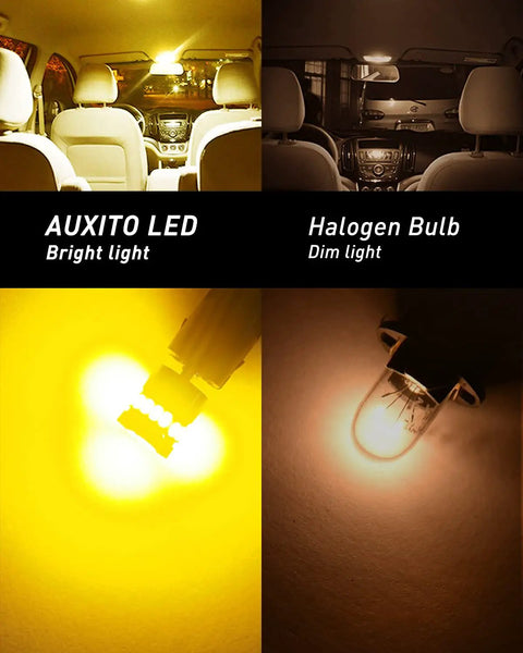Comparison of AUXITO LED and halogen bulb in car interior, featuring Amber Yellow 194 LED Wedge Light Kit, 12V 2W Per Bulb, 240 Lumens Each, 360 Degree Plug And Play Lighting For Car Dome Map Door Parking License Plate Marker Lights, Pack Of 10.