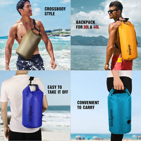 Men on beach with Floating Waterproof Dry Bag 2L For Kayaking Boating Fishing Swimming And Camping Go To Gear Lightweight 500D PVC