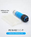 M18 5m Cylindrical Through Beam Photoelectric Proximity Switch Plug In Sensor For Industrial Machinery RetroReflection 2m Range NPN NO Wide Voltage Durable Proximity Sensor For Tight Spots And Easy Mounting shown with reflector
