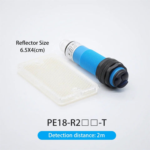 M18 5m Cylindrical Through Beam Photoelectric Proximity Switch Plug In Sensor For Industrial Machinery RetroReflection 2m Range NPN NO Wide Voltage Durable Proximity Sensor For Tight Spots And Easy Mounting shown with reflector