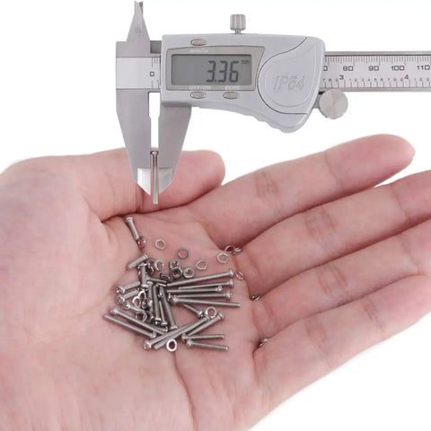 M2 Phillips Pan Head Screws Kit With Nuts, Lock Washers, And 304 Stainless Steel on hand, caliper measuring screw length