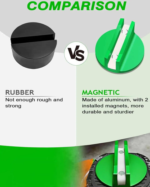 Comparison between rubber jack pad and Magnetic Pinch Weld Jack Pad With Aluminum Slotted Design For Floor Jacks, Weld Frame Rail Adapter, Grippy Magnetic Hold While You Position And Lift, Durable Aluminum Construction, Fits Most Vehicles, 1 Piece, Green, highlighting material differences with an image showing the green aluminum pad installed on a vehicle.