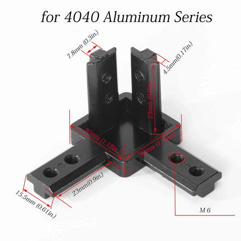 4 Pack 4040 Aluminum Extrusion 3 Way Corner Brackets Solid Connectors, black with dimensions for aluminum series assembly.