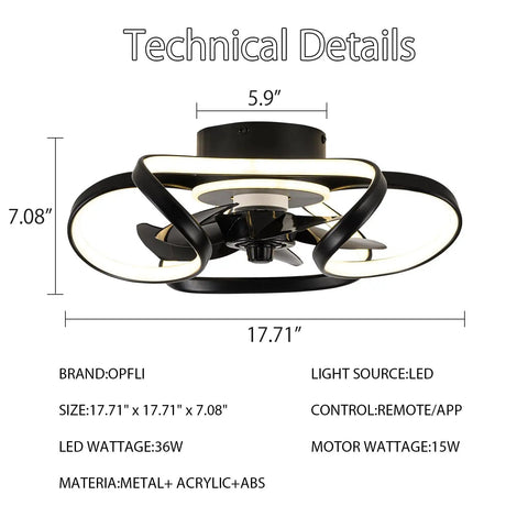 Technical details of 17.7 Inch Modern Low Profile Ceiling Fan With Dimmable Light Flush Mount Remote Control Energy Saving DC Motor
