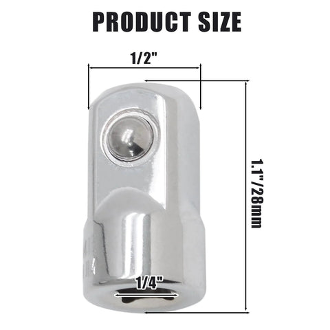 Close-up of Murtezne 1/4 in drive to 1/2 in male socket adapter, Cr-V.