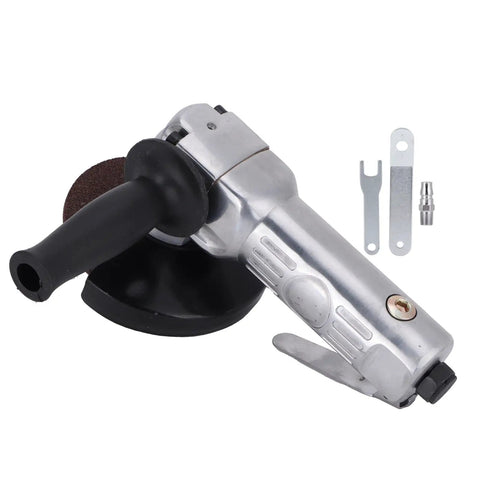 Heavy Duty 4 Inch Pneumatic Angle Grinder And Polisher Sander With 11000 Rpm Air Powered Motor on black base with tools for woodworking tasks