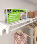 Expandable Closet Shelf With Hanging Rod 19.5 To 29 Inches White Backwall Floating Shelf Kit Holds 200 Lbs Easy Install With 2 End Brackets The Real Upgrade From Wire Shelving displayed with clothes hanging underneath.