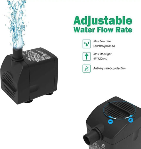 Ultra Quiet Submersible Water Pump with Dry Burn Protection 160 GPH for Fountains and Aquariums, adjustable flow, side view