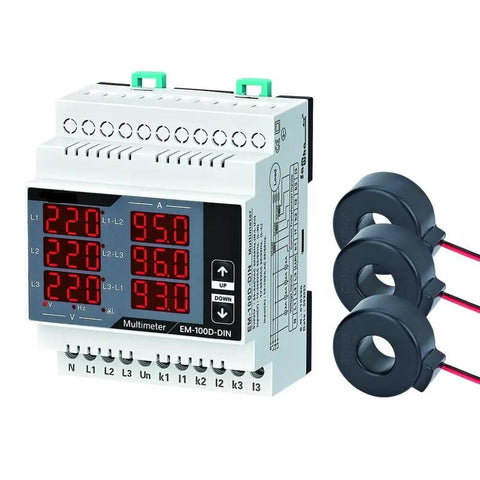 Three Phase Digital Multimeter With Three Current Transformers For L-L And L-N Voltage, Current, Frequency And Phase Sequence Display, Pro Grade Heavy Duty DIN Rail Panel Mount Meter With 60D Range 1-63A showing display and CTs