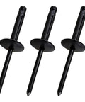 Three black aluminum blind rivets, part of the Aluminum Blind Rivets Set, 60 Pieces, 3/16 x 3/4 Inch Pop Rivets, Black Finish.