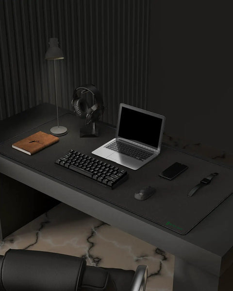 Oversized Gaming Mouse Pad Desk Mat 47.2 By 23.6 Inches on desk with laptop, keyboard, and accessories, showing non-slip surface.