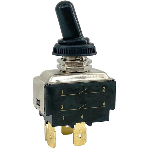 Close-up of Beefy Heavy Duty Toggle Switch Replacement 20A 125V 15A 277V 2HP 4 Pin On Off with black handle and metal housing.