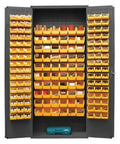 Shop Ready Heavy Duty Parts Organizer Cabinet With Three Point Chrome Key Lock And Smooth Flush Front Doors Built Tough From Solid 16 Gauge Steel For Rock Solid Garage Setup Featuring 156 Snappy Yellow Hook On Bins, fully stocked with yellow bins.